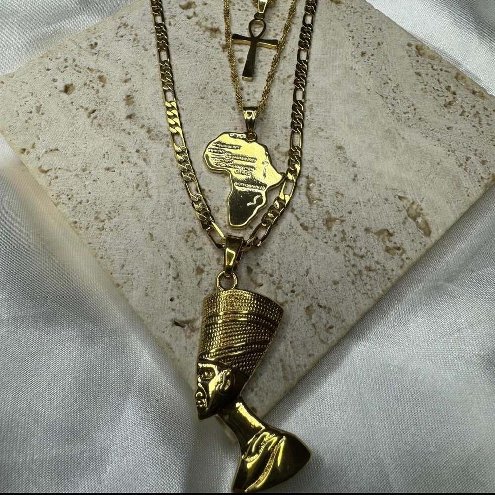 Gold Nefertiti ,ankh and Africa necklace necklace 3 piece set